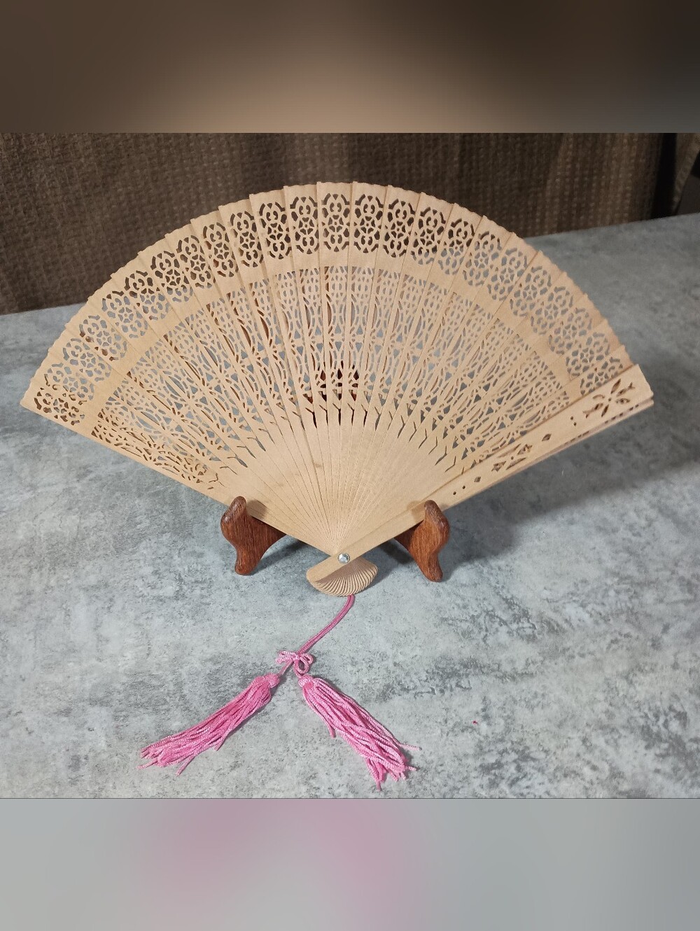 Asian Wood/Cork Art Folding Fan with Pink Tassels